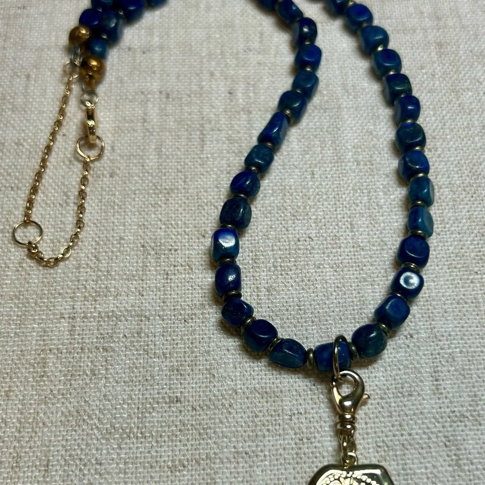 Handmade Blue Lapis Style Beaded Necklace w Gold Bee Charm - Picture 2 of 6